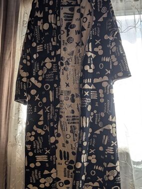 Gudrun Sjoden Duster Black and Cream Geometric Print Open Front Sz. M
